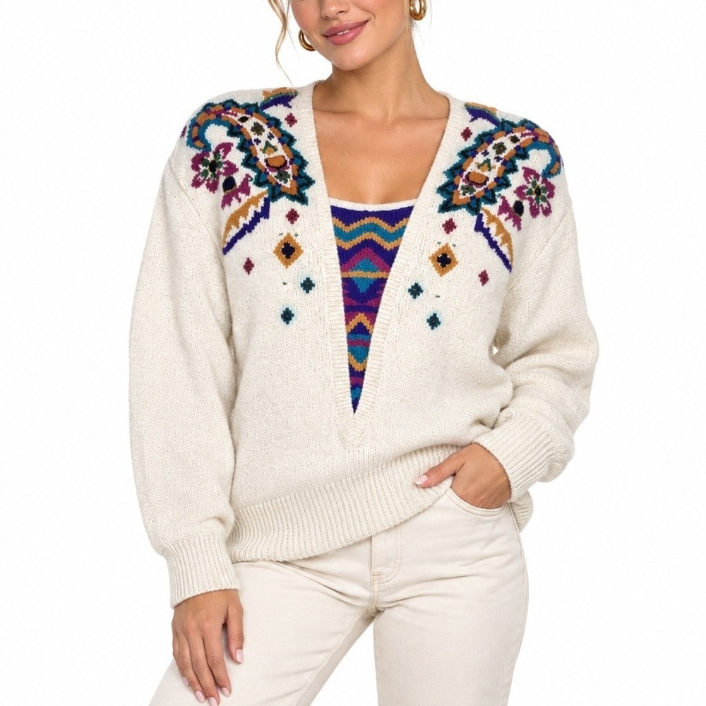 Cervelle Sweater Womens M Cream Silk Angora Beaded Paisley Vintage Retro *Read